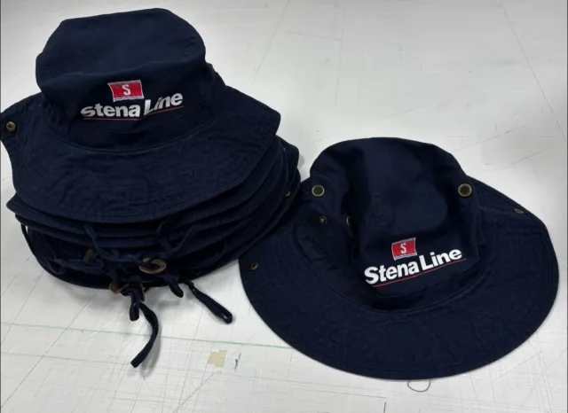 Navy blue bucket hats embroidered with the Stena Line logo, stacked on a white surface